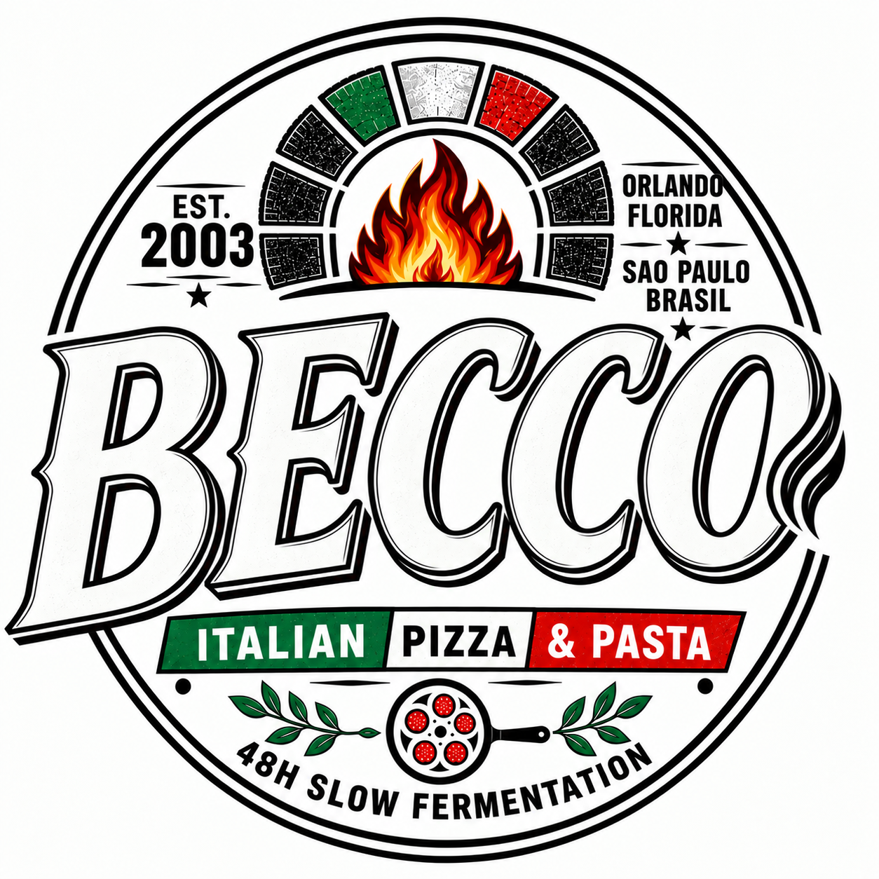 Becco Italian Pizza & Pasta logo with wood-fired oven, Est. 2003